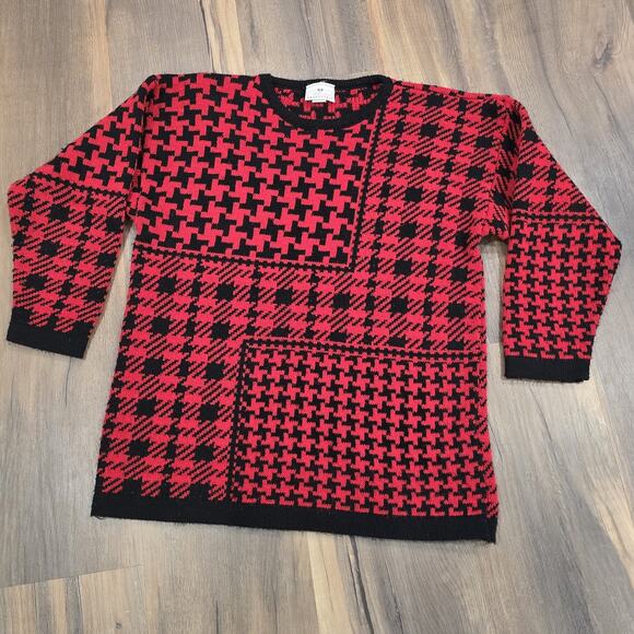 Worthington Sweaters - Vintage 90s Red Black Checkered Plaid Womens Acrylic Country Christmas Sweater M